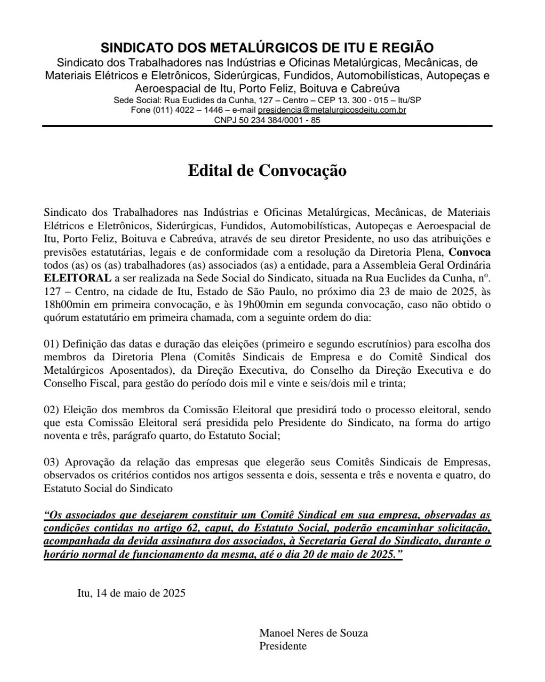 Edital de convocação: Eleição Sindical
